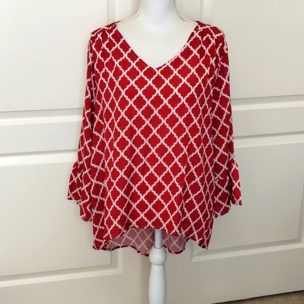 Unbranded Red white blouse v-neckline oversized small ruffle sleeve